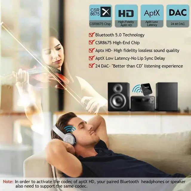 Alt view image 2 of 5 - JAENFONG Mini CSR8675 Aptx HD/LL Bluetooth 5.0 Audio Receiver Transmitter RCA 3.5mm Jack AUX Wireless Adapter with MiC For TV Car PC