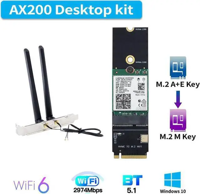 Main image of JAENFONG A+E Key WiFi 6 AX200 Card To M Key NVMe SSD Port Wireless Adapter Wifi Bluetooth 5.1 3000Mbps 802.11ax Windows 10