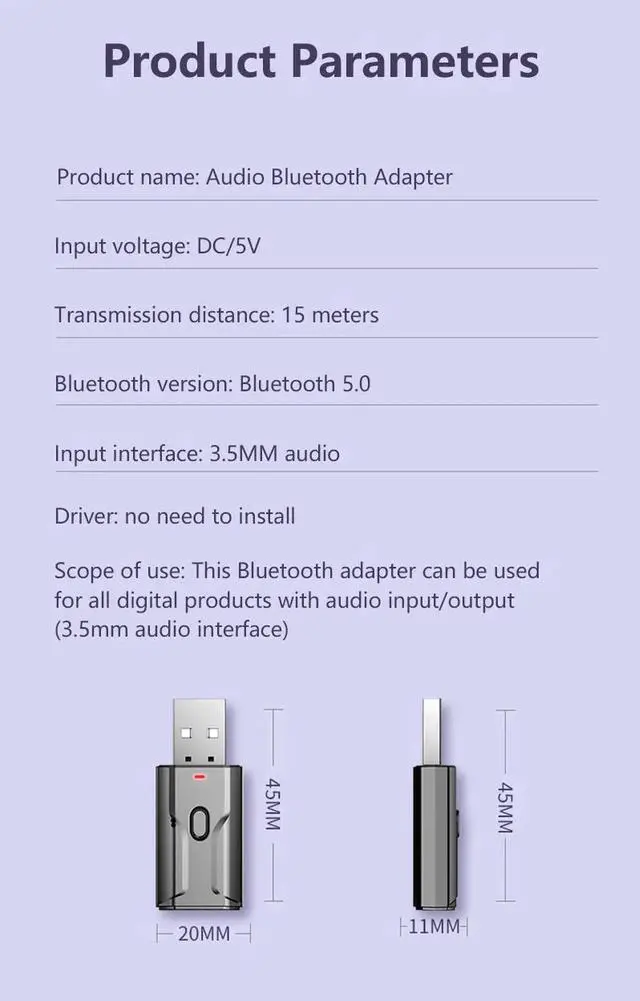 Alt view image 5 of 5 - JAENFONG 2 In 1 Wireless Bluetooth 5.0 Receiver USB Adapter 3.5mm Audio Receiver/transmitter For TV PC Car AUX Speaker Plug And Play