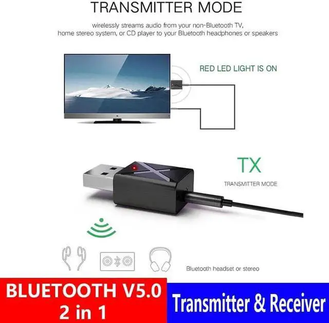 Alt view image 2 of 5 - JAENFONG New Bluetooth Audio Transmitter Receiver 2 in 1 V5.0 Bluetooth Wireless Adapter KN320 Mini 3.5mm AUX Audios For TV Car Kit PC