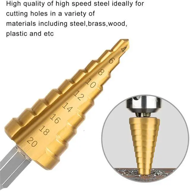Alt view image 2 of 7 - Acaigel Sheet Metal Tools Drill 4-12/20/32MM Hex Titanium Step Cone Drill Bit Hole Tools
