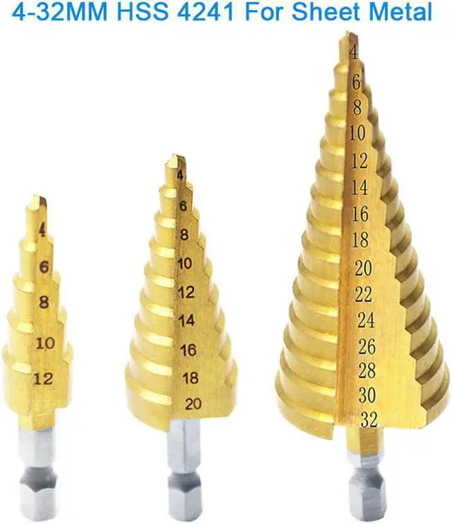 Alt view image 4 of 7 - Acaigel Sheet Metal Tools Drill 4-12/20/32MM Hex Titanium Step Cone Drill Bit Hole Tools