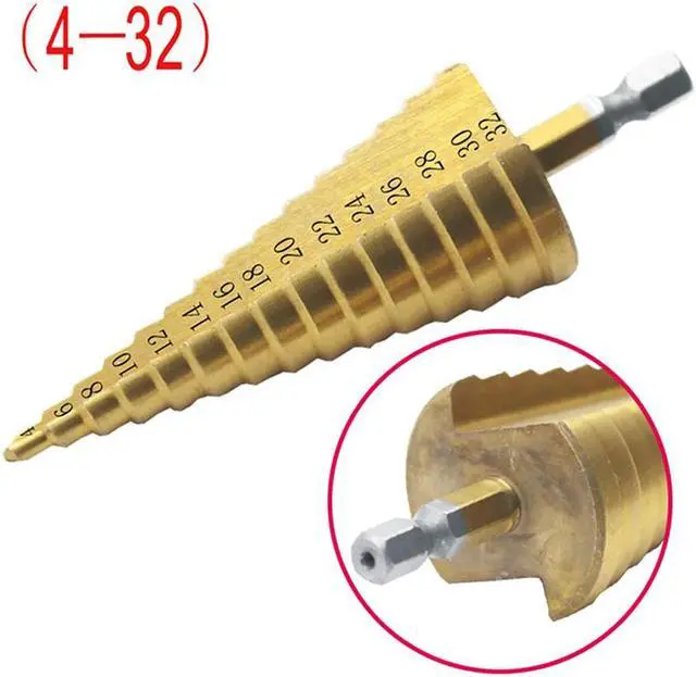 Alt view image 6 of 7 - Acaigel Sheet Metal Tools Drill 4-12/20/32MM Hex Titanium Step Cone Drill Bit Hole Tools