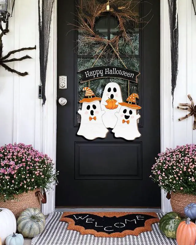 Alt view image 5 of 7 - Halloween Decorations Outdoor Halloween Wooden Wreath Ghost Door Decor Hanging Sign for Home Wall Decor Halloween Party Indoor Supply Yard Wall Halloween Decorations Halloween
