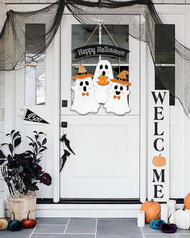 Alt view image 6 of 7 - Halloween Decorations Outdoor Halloween Wooden Wreath Ghost Door Decor Hanging Sign for Home Wall Decor Halloween Party Indoor Supply Yard Wall Halloween Decorations Halloween