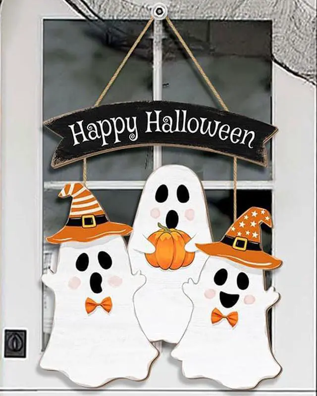 Alt view image 7 of 7 - Halloween Decorations Outdoor Halloween Wooden Wreath Ghost Door Decor Hanging Sign for Home Wall Decor Halloween Party Indoor Supply Yard Wall Halloween Decorations Halloween