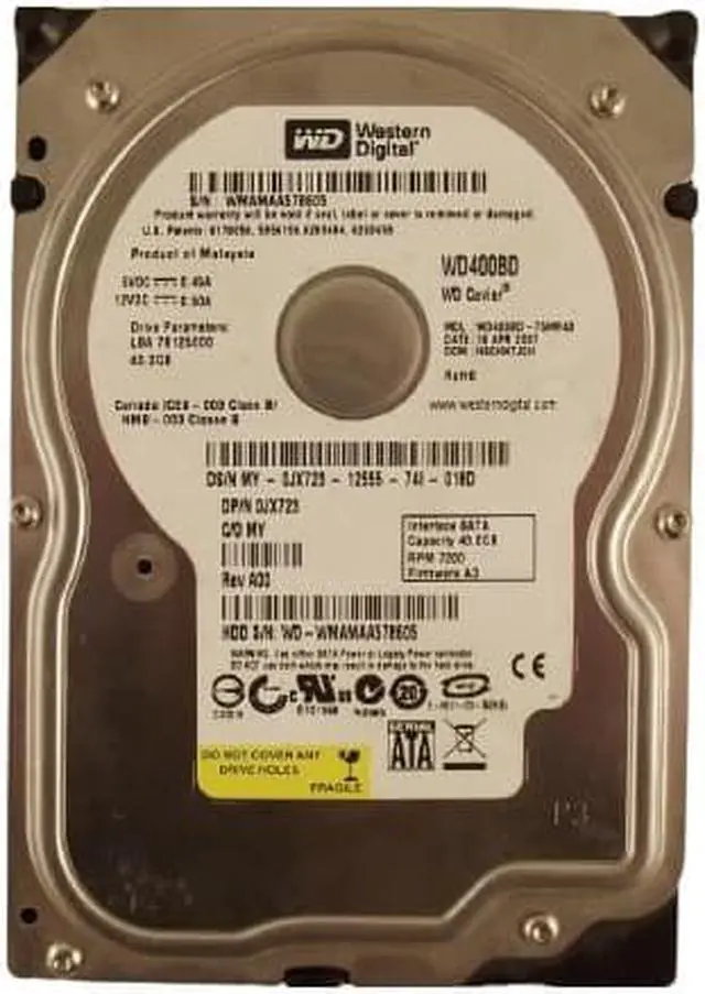 Alt view image 5 of 6 - 40GB 7200RPM SATA FW: A3 HDD, WD CAVIAR WD400BD-75MRA3, 11JUL2006, DCM: HSCANTJCH, DP/N 0JX723 REV A00
