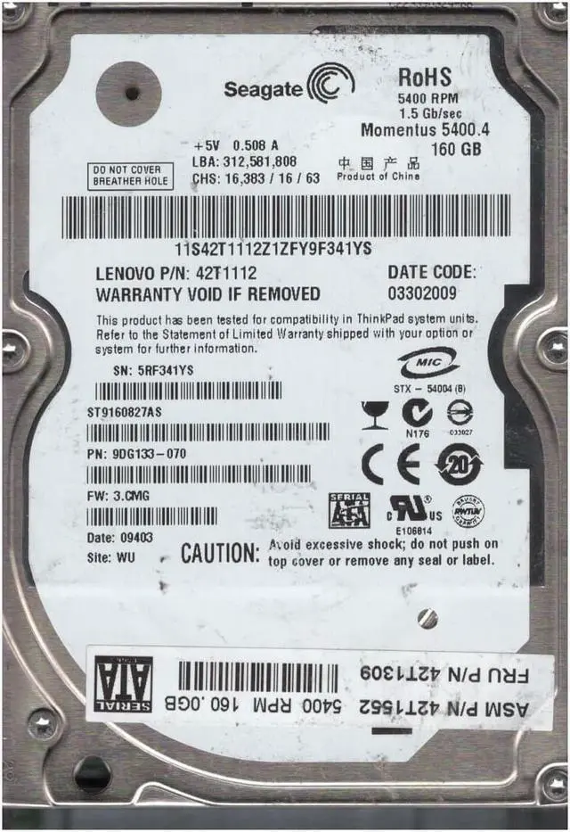 Main image of 9DG133-070 - Seagate Momentus 5400.4 160GB 5400RPM SATA 3Gb/s 8MB Cache (CE) 2.5-inch Hard Drive