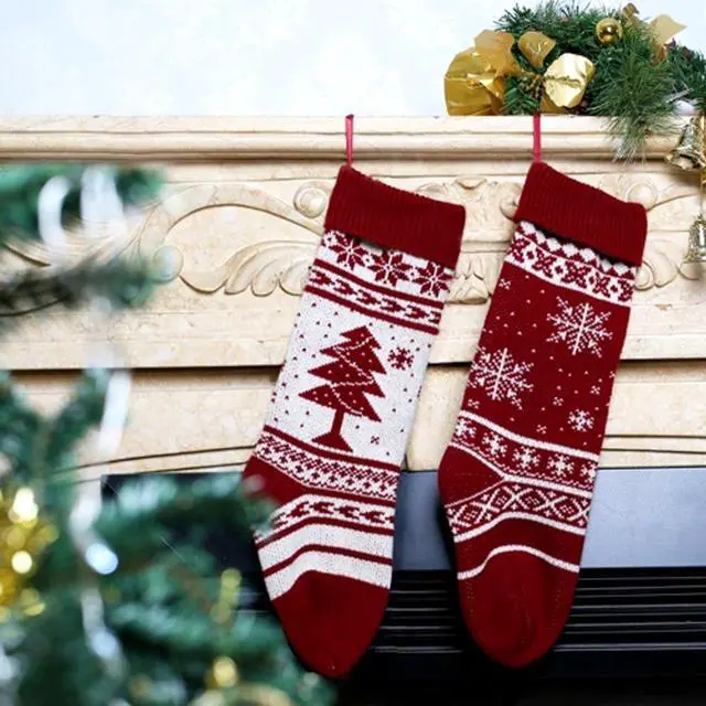 Main image of Set of 2, 16'' Holiday Snowflake and Christmas Tree Knit Stockings, White and Red for Gift Stuffers Mantel Decoration