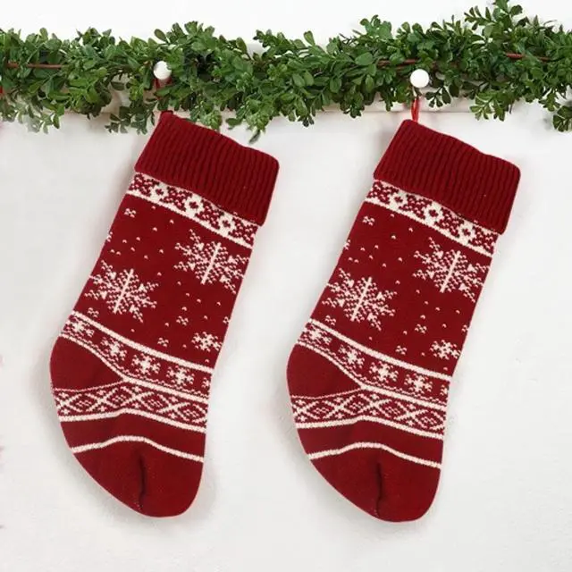 Alt view image 5 of 6 - Set of 2, 16'' Holiday Snowflake and Christmas Tree Knit Stockings, White and Red for Gift Stuffers Mantel Decoration