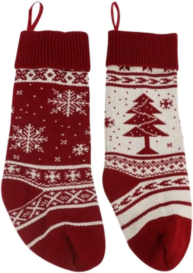 Alt view image 6 of 6 - Set of 2, 16'' Holiday Snowflake and Christmas Tree Knit Stockings, White and Red for Gift Stuffers Mantel Decoration