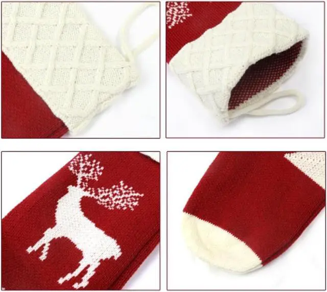 Alt view image 3 of 3 - 2 Pack 17 Inch Hand Knit Holiday Reindeer Christmas Knit Stockings, Red and Green for Gift Stuffers Mantel Decoration"