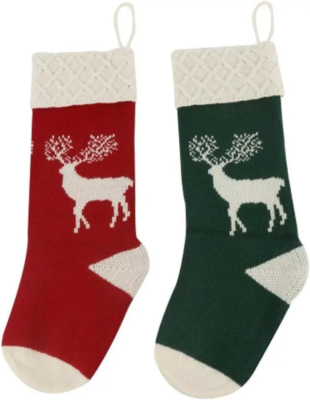 Main image of 2 Pack 17 Inch Hand Knit Holiday Reindeer Christmas Knit Stockings, Red and Green for Gift Stuffers Mantel Decoration"