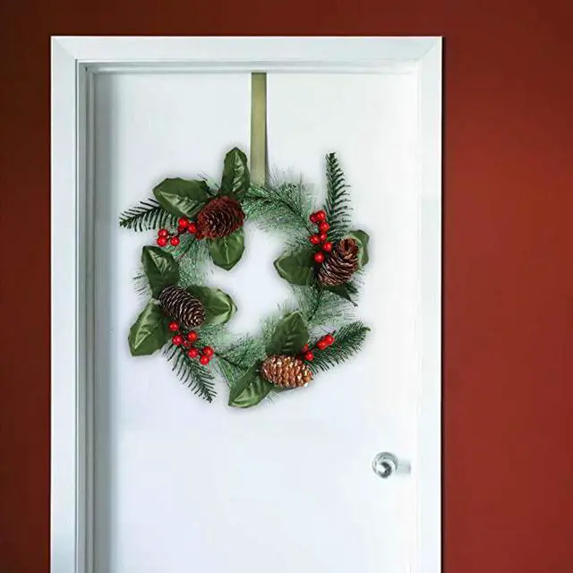 Alt view image 4 of 4 - 12 Inches Artificial Wreath with Pinecone Holly Berries Pine Leaves for Fall/Winter Holiday Festival Celebration Front Door Wall Window Christmas Party Decor