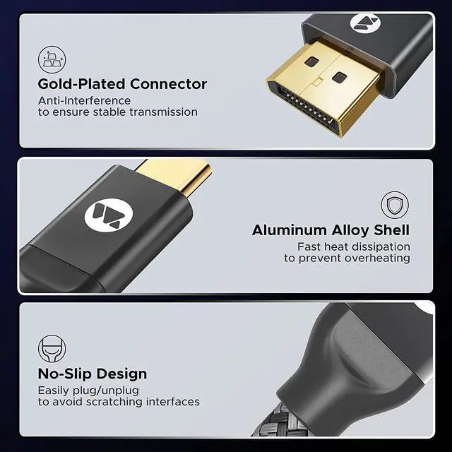 Alt view image 6 of 7 - Warrky USB C to DisplayPort Cable (4K@60Hz, 2K/1440P@165Hz), [Aluminum Shell, Gold-Plated Plug] Thunderbolt 3/4 to Display Port Cord Compatible with MacBook Pro/Air, iPad Pro, Surface, Galaxy -3.3ft