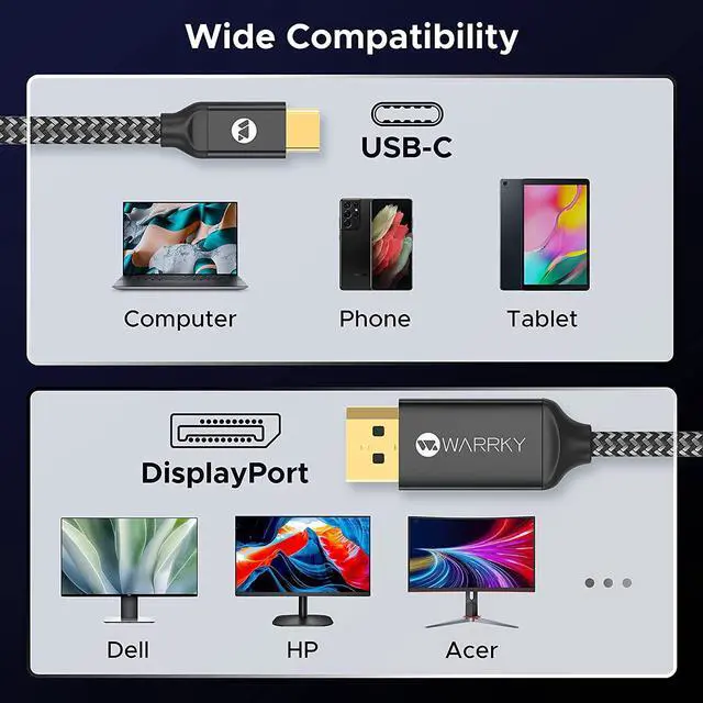 Alt view image 7 of 7 - Warrky USB C to DisplayPort Cable (4K@60Hz, 2K/1440P@165Hz), [Aluminum Shell, Gold-Plated Plug] Thunderbolt 3/4 to Display Port Cord Compatible with MacBook Pro/Air, iPad Pro, Surface, Galaxy -3.3ft