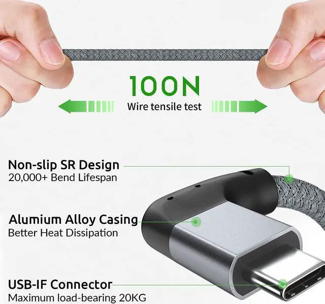 Alt view image 7 of 7 - USB C to USB C Cable 100W, 20Gbps 90 Degree Right Angle 4K@60Hz Video Output Cable (USB C 3.1 & 3.2 Compatible) with E-Marker for Thunderbolt 3, Oculus Quest, MacBook, iPad Pro, Pixel, Switch, 1.65FT