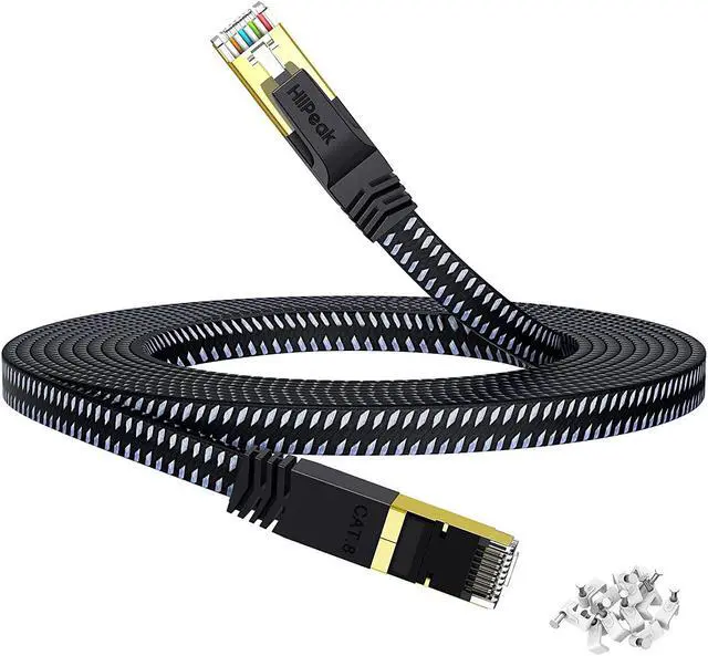 Main image of HiiPeak Cat 8 Ethernet Cable 40 ft, Flat Nylon Braided Internet Cable, High-Speed 40Gbps Network Patch LAN Cable, RJ45 Gaming Cable for Modem, Router PC Xbox, Laptop, Computer, Black and Grey 40ft
