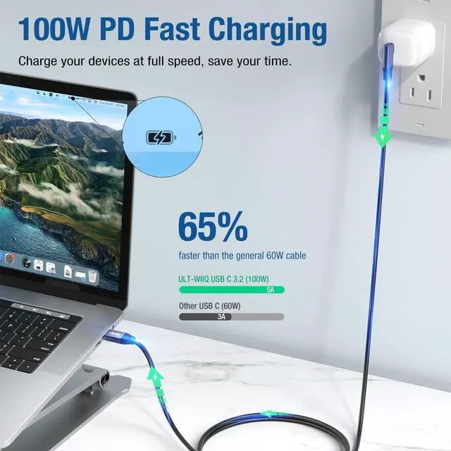 Alt view image 4 of 7 - USB C to USB C 3.2 Gen2x2 Cable 100W, 20Gbps Right Angle 4K@60Hz Video Cord, Super Soft 90 Degree Type-C Data Cable with E-Marker for Thunderbolt 3/4, MacBook, iPad Pro, Oculus Quest, Switch (9.9FT)