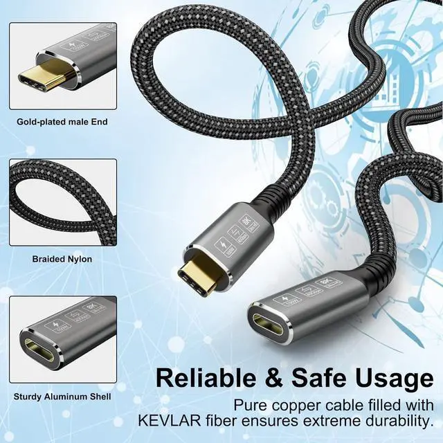 Alt view image 5 of 7 - CABLEDECONN USB4 8K Cable 0.8M Thunderbolt 4 Compatible USB 4 Type-c Male to Female Extension Cable Ultra HD 8K@60Hz 100W Charging 40Gbps Data Transfer Compatible with External SSD eGPU