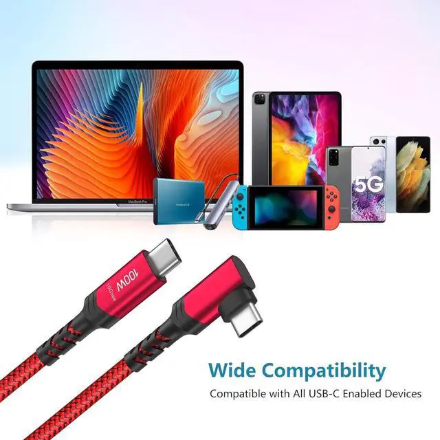 Alt view image 7 of 7 - Right Angle USB C Cable 3ft 100W 10Gbps USB-C to USB-C 3.1 Gen2 PD Fast Charging Short Cord 4K Display for MacBook Pro iPhone 16/15 SSD Docking Station Galaxy S24 2Pack (Red)