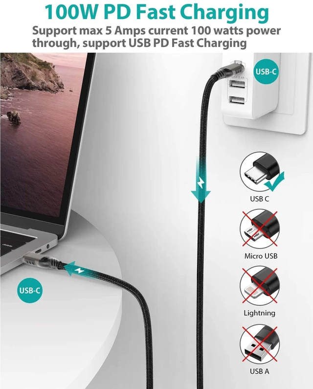 Alt view image 2 of 6 - USB-C Cable 6.6ft, USB-C 3.2 Gen 2 Cable 20Gbps Data Transfer 100W PD Fast Charging Cable for MacBook Pro, iPad Pro, Galaxy S24, Nylon Braided, Black.