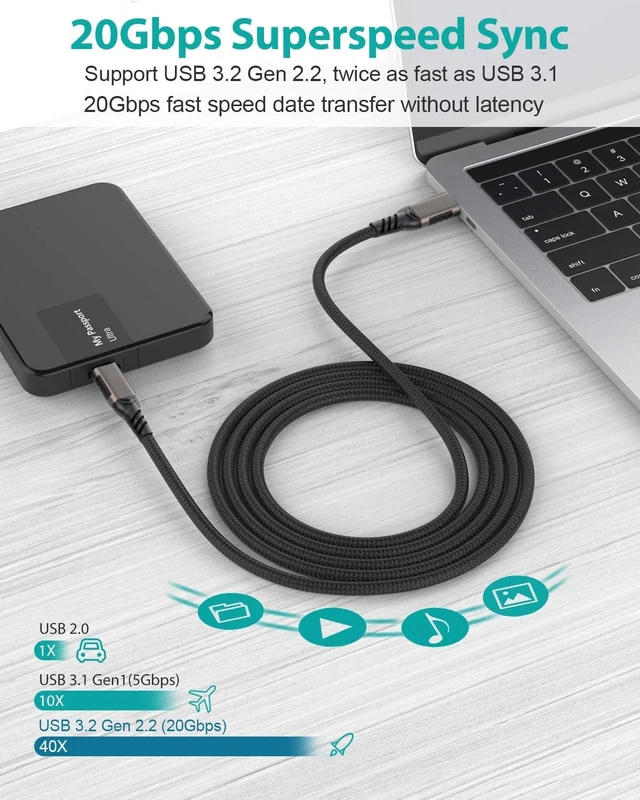 Alt view image 3 of 6 - USB-C Cable 6.6ft, USB-C 3.2 Gen 2 Cable 20Gbps Data Transfer 100W PD Fast Charging Cable for MacBook Pro, iPad Pro, Galaxy S24, Nylon Braided, Black.