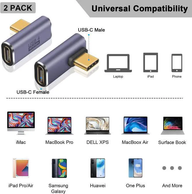 Alt view image 5 of 7 - USB C Right Angle Adapter 40Gbps 8K@60Hz 100W USB C 90 Degree Adapter Right Angle Type C Male to Female Extender Thunderbolt 4 Connector for iPhone/PC/Galaxy S23 2-Pack