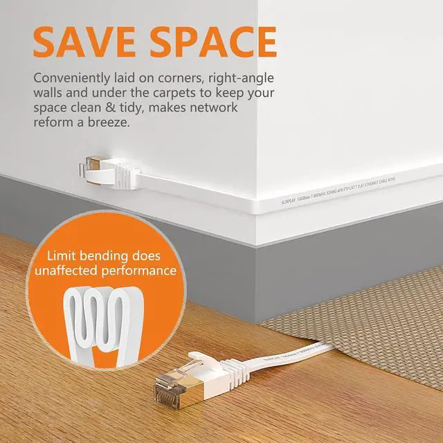 Alt view image 4 of 7 - Cat7 10FT Ethernet Cable White-10Gbps Shielded & Ground Wire Internet Network Flat Patch Cord,Ultra Slim Gold-Plated RJ45 Cat 7 LAN Line with Cable-Tie for Router,Xbox,PS5,NAS,Cat6A