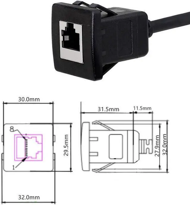 Alt view image 6 of 6 - Qaoquda Cat5e RJ45 Square Flush Mount Cable, RJ45 Male to Female Shielded Ethernet Network Panel Mount Extension Cable for Car, Boat and home wall 1M/3Ft