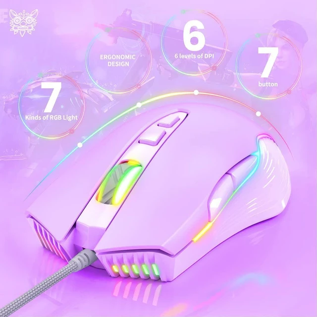 Main image of Cute RGB 6400 DPI Wired Gaming Mouse Breathing LED Optical USB 7 Buttons Gamer Computer Pink Mice for Laptop PC Desktop (Purple)