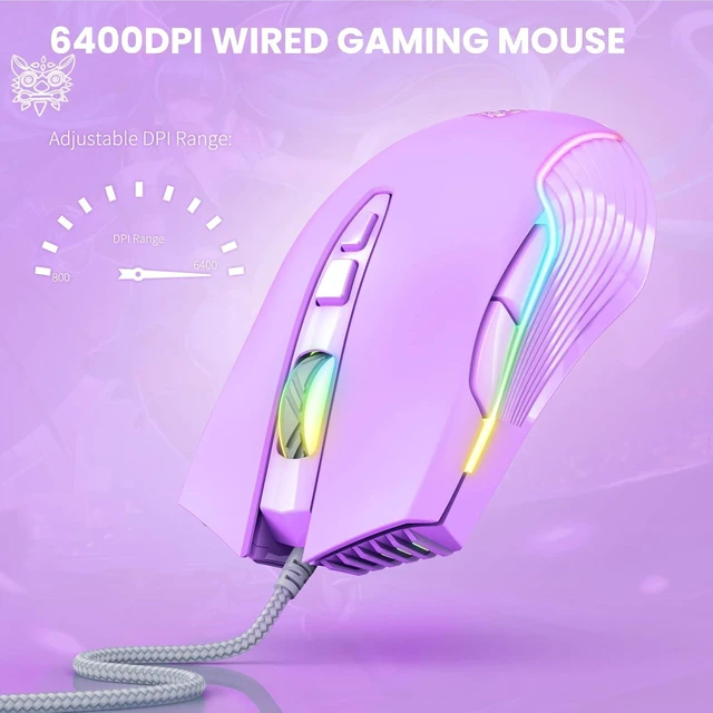 Alt view image 3 of 7 - Cute RGB 6400 DPI Wired Gaming Mouse Breathing LED Optical USB 7 Buttons Gamer Computer Pink Mice for Laptop PC Desktop (Purple)