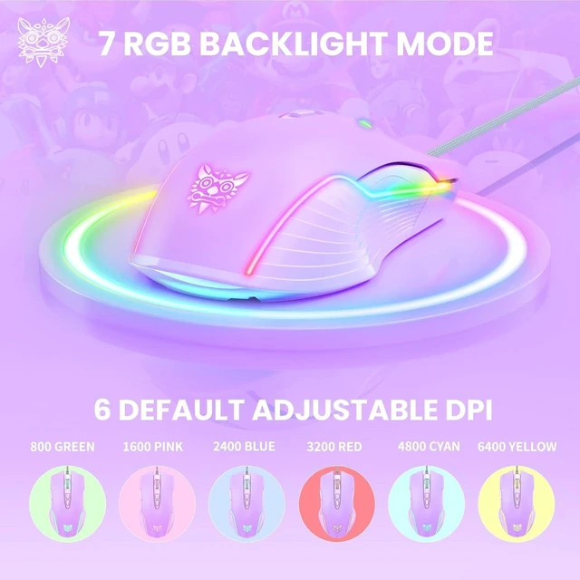 Alt view image 2 of 7 - Cute RGB 6400 DPI Wired Gaming Mouse Breathing LED Optical USB 7 Buttons Gamer Computer Pink Mice for Laptop PC Desktop (Purple)