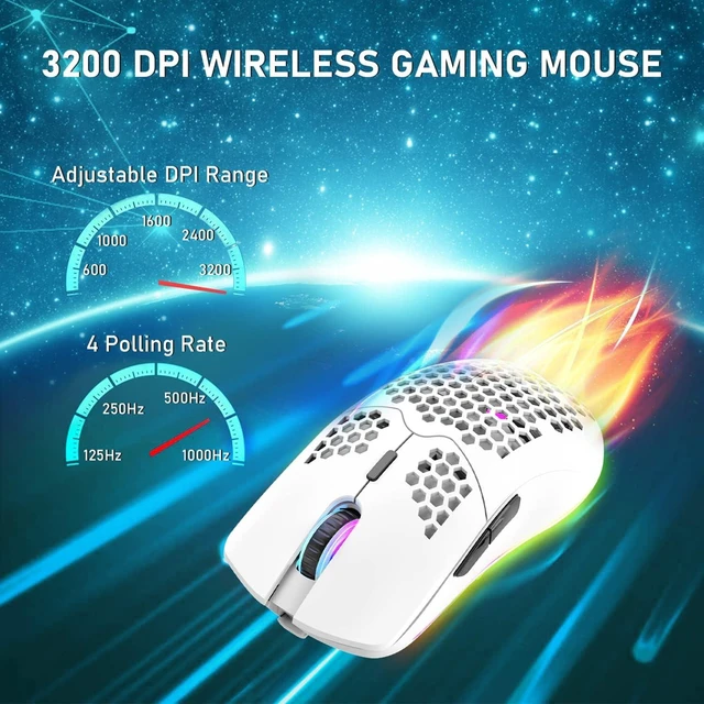 Alt view image 3 of 7 - XINMENG Wireless Gaming Mouse Lightweight Honeycomb Design - White