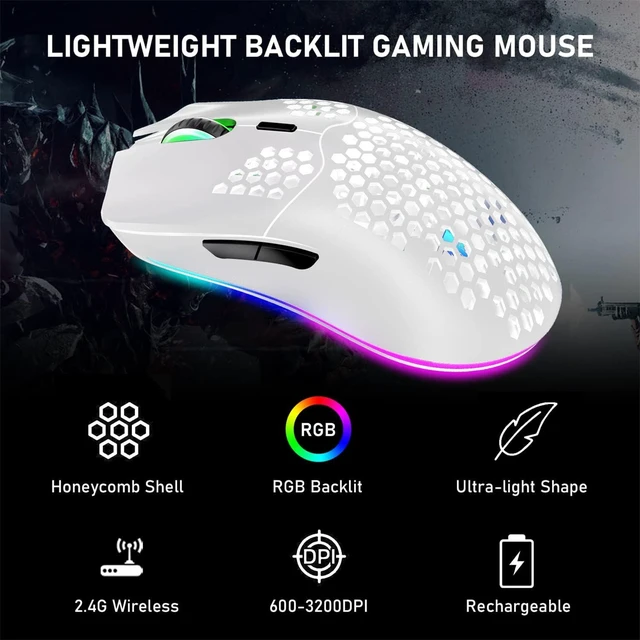 Alt view image 6 of 7 - XINMENG Wireless Gaming Mouse Lightweight Honeycomb Design - White