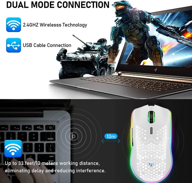 Alt view image 5 of 7 - XINMENG Wireless Gaming Mouse Lightweight Honeycomb Design - White