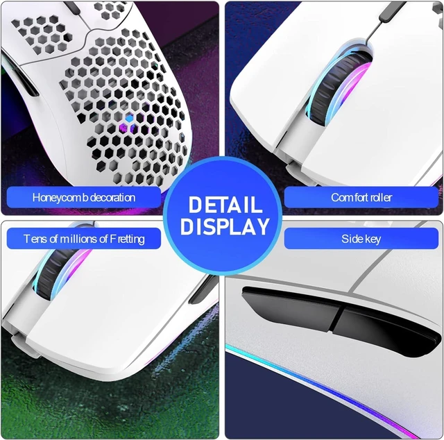 Alt view image 7 of 7 - XINMENG Wireless Gaming Mouse Lightweight Honeycomb Design - White