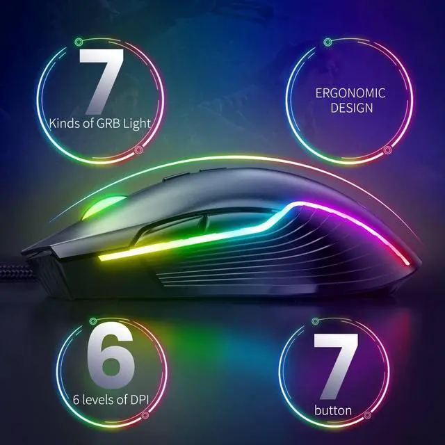 Alt view image 2 of 7 - NEWSTYP Cute RGB 6400 DPI Wired Gaming Mouse Breathing LED Optical USB 7 Buttons Gamer Computer Pink Mice for Laptop PC Desktop (Black)