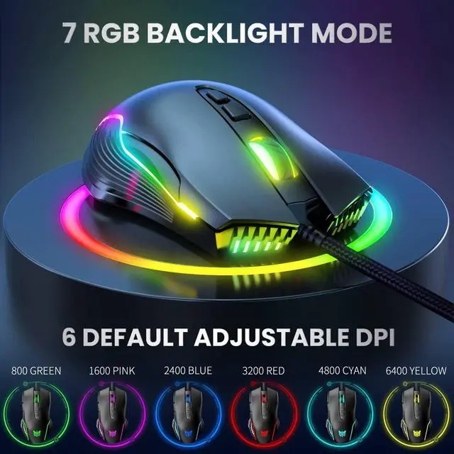 Alt view image 3 of 7 - NEWSTYP Cute RGB 6400 DPI Wired Gaming Mouse Breathing LED Optical USB 7 Buttons Gamer Computer Pink Mice for Laptop PC Desktop (Black)