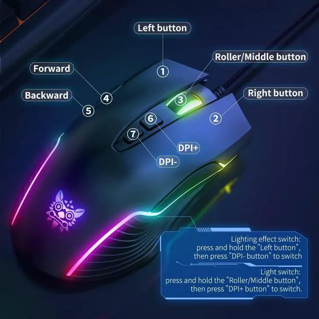 Alt view image 5 of 7 - NEWSTYP Cute RGB 6400 DPI Wired Gaming Mouse Breathing LED Optical USB 7 Buttons Gamer Computer Pink Mice for Laptop PC Desktop (Black)