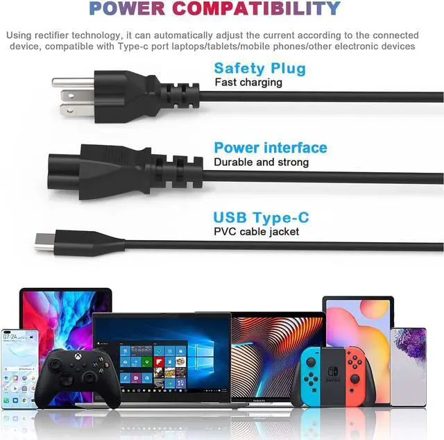 Alt view image 4 of 7 - Universal 45W Type C USB C Chromebook Charger Laptop Replacement for HP 14 14A 11 11A G9 6 7 8 EE X360 14-ca051wm 14-ca052wm    Google   Chromebook Charger Power Cord Adapter