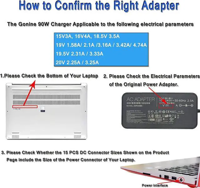 Alt view image 4 of 7 - Gonine 90W Universal Laptop Charger, 110-240V AC to DC 19V 19.5V 20V 18.5V 15V 16V AC Power Supply Adapter, Compatible with HP Dell Acer Asus Toshiba Gateway Lenovo Notebook.