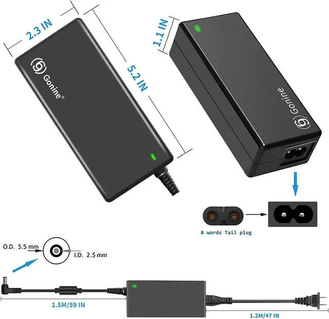 Alt view image 7 of 7 - Gonine Laptop Charger for Gateway, 19V 3.42A Power Supply Cord, 19Vdc 65W 60W 45W AC to DC Power Adapter for 19Volt Gateway Toshiba Acer Laptop, JBL Speaker, Samsung LG LCD Monitor.