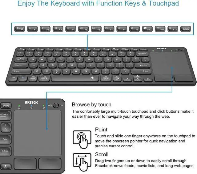 Alt view image 2 of 7 - Arteck Universal Backlit 7-Colors Bluetooth Touch TV Keyboard with Easy Media Control and Build-in Touchpad for TV-Connected Computer, Smart TV, Desktop, Laptop, iPad, Surface, Tablet, HTPC