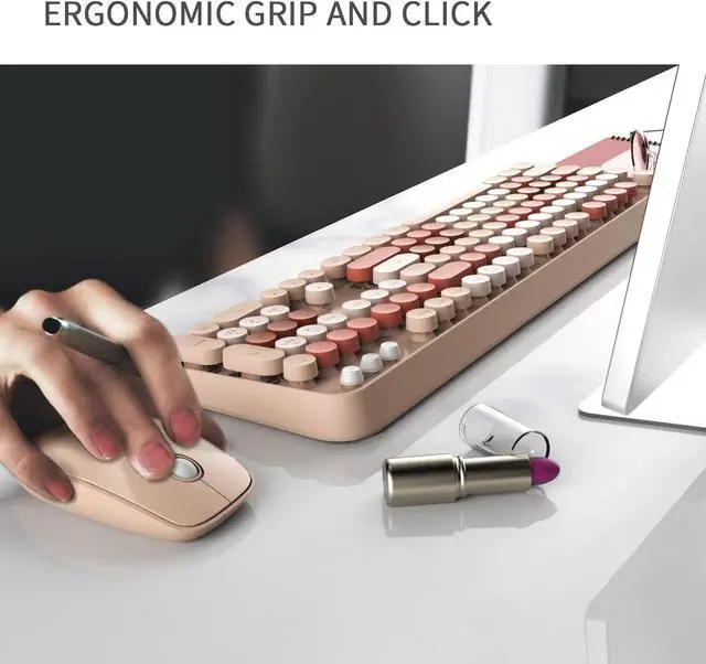 Alt view image 3 of 7 - Brown Wireless Keyboard Mouse Combo, 2.4GHz Wireless Typewriter Keyboard with 104 Round Keys,Letton Wireless Retro Full Size Colorful Keyboard and Cute Mouse with 3 DPI for PC Laptop Desktop