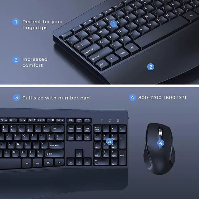 Alt view image 3 of 7 - Wireless Keyboard and Mouse - Ergonomic Keyboard and Mouse Combo Full Size Keyboard Cordless with Palm Wrist Rest Ergonomic Mouse Wireless for Windows Computers Laptops - Black