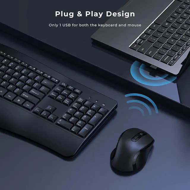 Alt view image 4 of 7 - Wireless Keyboard and Mouse - Ergonomic Keyboard and Mouse Combo Full Size Keyboard Cordless with Palm Wrist Rest Ergonomic Mouse Wireless for Windows Computers Laptops - Black