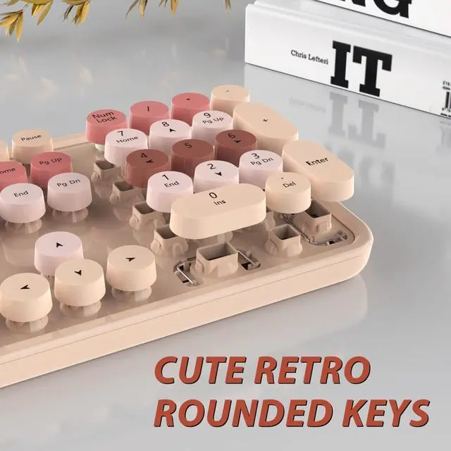 Alt view image 3 of 7 - Wireless Keyboard and Mouse, KOOTOP Cute Keyboard and Mouse, 2.4G Wireless Keyboard with Retro Round Keycap for PC, Mac, Laptop,Computer Windows (Milk Tea)