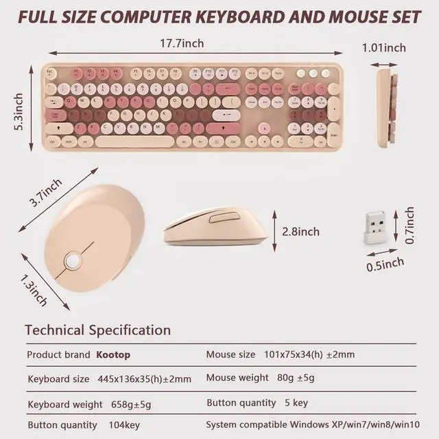 Alt view image 6 of 7 - Wireless Keyboard and Mouse, KOOTOP Cute Keyboard and Mouse, 2.4G Wireless Keyboard with Retro Round Keycap for PC, Mac, Laptop,Computer Windows (Milk Tea)