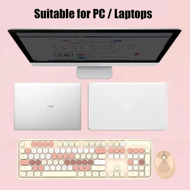 Alt view image 4 of 6 - 2.4G Full-Size Wireless Keyboard and Mouse Combo, Multi-Color Typewriter Style Round Keycap, Cute Candy Colors, Compatible with Notebook, PC (104 Keys,Milk Tea)